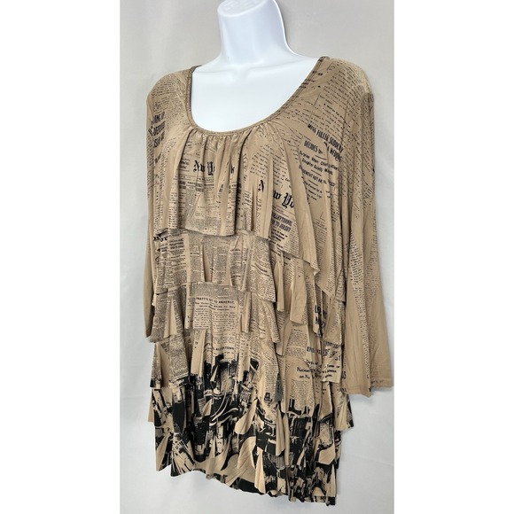 Reina Women's New York Newspaper Printed Layered Pullover Blouse Top Y2K USA L - Picture 2 of 9